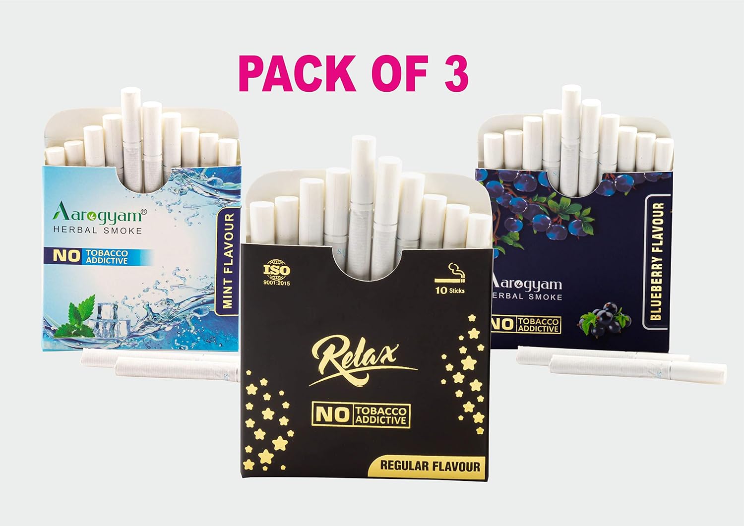Aarogyam Herbals Tobacco And Nicotine Free Herbal Flavor Smoke For Relieve Stress & Mood Enhance Product - Mint, Relax, Blueberry Flavour - Pack Of 3 30 Sticks Aarogyam Herbals Tobacco And Nicotine Free Herbal Flavor Smoke For Relieve Stress & Mood Enhance Product - Mint, Relax, Blueberry Flavour - Pack Of 3 30 Sticks