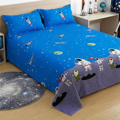 Kids Double Bed Bedsheet Set With 2 Pillow Covers - 88 X 100 Inches, Blue & Grey | Soft Bedding For Boys & Girls | Cosmic Adventure Design