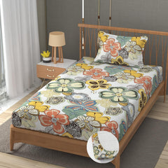Premium Cotton Elastic Fitted 1 Single Bedsheets With 1 Large Pillow Covers | Size 36 X 78 X 6 Inches, Multicolor - Printed Big Flower | Wrinkle Free & Soft Touch Summer Bedsheet