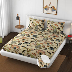 Premium Heavy Cotton Elastic Fitted Bedsheets With 2 King Size Pillow Covers | 72 X 78 Inches, Beige - Double Bed With All Around Elastic | 350 Thread Count