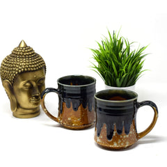 Handcrafted Earthy Brown Carved Ceramic Coffee Mug Set Of 2 - 300ml Each | Ceramic Mugs For Coffee, Tea, Milk - Microwave Safe & Dishwasher Safe