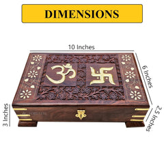 Wooden Om Box For Good Luck Jewellery Box, Decorative Case, Kit, Vanity, Organiser For Women, Necklaces, Cash, Gold, 10 X 6 Pious Galaxy Pedestal, Material - Rosewood, Brass, Colour - Brown