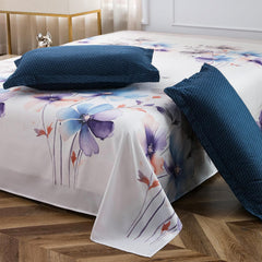 Bedsheets For Double Bed With 2 Pillow Cover - 92 X 98 Inches, White & Blue | Satin Finish Microfiber Queen Size Bedsheet | Skin Friendly & Breathable Fabric