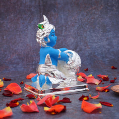 Silver Coated Lord Krishna Idol, Handcrafted Laddu Gopal Ji Sculpture - 4 Inch, Polyresin, Traditional Deign, Bal Gopal Murti, Occasion, Shri Krishna Statue
