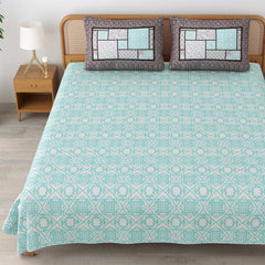 Traditional Rajasthani Cotton Bedsheet For King Size With 2 Matching Pillow Cover - 90 X 108 Inches, Sky Blue & White | Soft & Comfortable Fabric