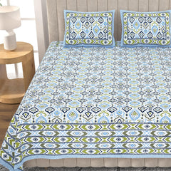 1 Queen Size Bedsheet For Double Bed With 2 Pillow Covers (90 X 108 Inches) Green & Blue | Premium Cotton Material - Ideal For House, Hotel, Guest House