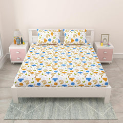Pure Cotton Kids Bedsheet Double Bed Queen Size With 2 Pillow Covers | 90 X 100 Inches, Multicolor | Fun Cartoon Theme, Soft & Breathable Fabric