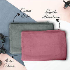 Housse Microfiber Hand Towel 400 Gsm | Premium Quality Towels Ultra Absorbent & Anti-Bacterial For Gym (Dusty Olive & Dusky Orchid) - Pack Of 2