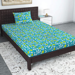 Single Bedsheet With 1 Pillow Cover - 57 X 87 Inches, Teal & Yellow | Designer Printed Bedsheet Set - Naturally Soft, Breathable & Skin Friendly