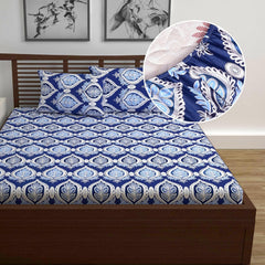 Double Bedsheet For Queen Size With 2 Pillow Covers - 60 X 78 Inches, Blue & White | All Around Elastic Fitted Soft, Lightweight & Breathable Cotton Bedsheet