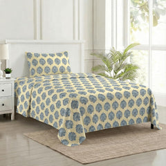 Cotton Printed Single Flat Bedsheet With 1 Pillow Cover - 60 X 100 Inches, Cream & Deep Sea Blue | Breathable & Skin Friendly Bedsheet | Ideal For Year Round Use