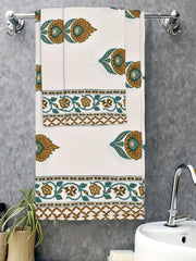 Mafatlal Madhuban Premium Cotton 1 Bath & 2 Hand Towel 700 Gsm | Hand Printed, Indian Floral Craft Towel (Vista White) - 3 Pcs