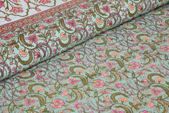 Jaipuri Cotton Double Bedsheet For Queen Size With 2 Pillow Cover (90 X 108 Inches) Green & Pink | Premium Cotton Material - Ideal For House, Hotel, Guest House
