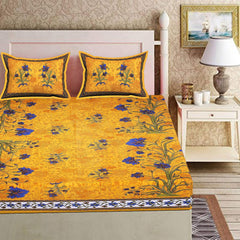 Printed Double Bedsheets For King Size With 2 Pillow Covers - 90 X 100 Inches, Yellow & Blue | Comfort Jaipuri Collection Bedsheet
