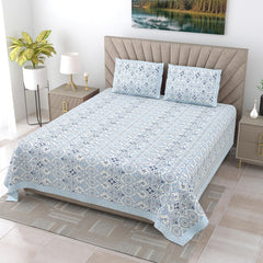 1 Queen Size Bedsheet For Double Bed With 2 Pillow Covers (90 X 108 Inches) Blue & White | Premium Cotton Material - Ideal For House, Hotel, Guest House
