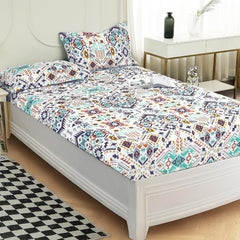 Microfiber Double Bed Sheets With 2 Pillow Covers, White & Blue | 60 X 72 Inches | Ideal For Everyday Use, Festive Decor, Or Gifting