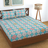 Double Bedsheet Queen Size Elastic Fitted With 2 Pillow Cover - 60 X 78 + 8 Inches, Sky Blue & Pink | Resistance & Wrinkle Recovery