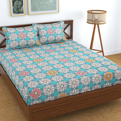 Double Bedsheet Queen Size Elastic Fitted With 2 Pillow Cover - 60 X 78 + 8 Inches, Sky Blue & Pink | Resistance & Wrinkle Recovery