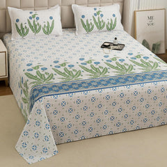 1 Piece Cotton Bedsheet For King Size With 1 Pillow Cover - 108 X 108 Inches, White & Sky Blue | Soft & Durable For Everyday Use & Bedroom - All Season Comfort