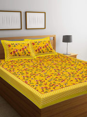 Printed Double Bedsheets For King Size With 2 Pillow Covers - 90 X 100 Inches, Yellow & Red | Comfort Jaipuri Collection Bedsheet