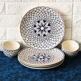 Mermaid Tales Hand Painted Ceramic Dinner Set - 8 Piece, White & Indigo | 4 Dinner Plates + 4 Katori Serving Bowls, 180ml Each | Serving For 4, Microwave Safe & Dishwasher Safe