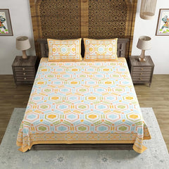 Hand Block Printed Cotton King Size Bedsheet With 2 Pillow Covers, 90 X 108 Inches, Yellow | Good For Villas, Guest Houses, & Daily Home Use