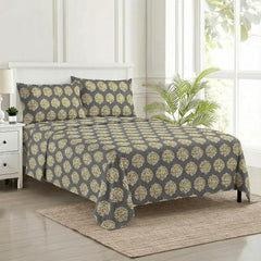 Jaipuri Design Cotton King Size Printed Bedsheet With 2 Pillow Covers - 108 X 108 Inches, Grey & Mustard | Ideal For Home Use & Perfect For Gifting On Weddings, Housewarmings & Festivals