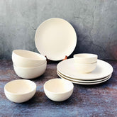 Subhra Handcrafted Ceramic Dinner Set - 10 Pieces | 4 Dinner Plates + 4 Katori Bowls, 180ml Each+ 2 Serving Bowls, 800ml Each | Matte Finish White Dinnerware Set | Serving For 4, Microwave Safe