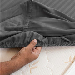 210 TC Cotton Double Bed Fitted Bedsheets With 2 Pillow Cases - 78 X 72 Inches, Grey | Satin Stripes Wrinkle Free | Comfortable Fabric Bedsheet