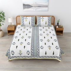 Traditional Rajasthani Cotton Bedsheet For King Size With 2 Matching Pillow Cover | 90 X 108 Inches, Green & White | Soft & Comfortable Fabric
