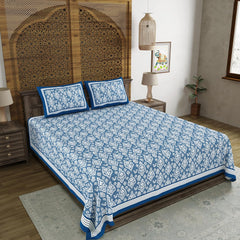 Hand Block Printed Cotton King Size Bedsheet With 2 Pillow Covers, 106 X 106 Inches, Blue | 200 Thread Count-Good For Villas, Guest Houses, & Daily Home Use
