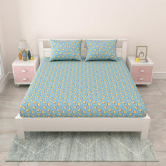 Pure Cotton Kids Bedsheet Double Bed Queen Size With 2 Pillow Covers | 90 X 100 Inches, Sky Blue | Fun Cartoon Theme, Soft & Breathable Fabric