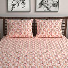 100% Pure Cotton Double Bedsheet For Queen With 2 Pillow Covers - 87 X 100 Inches, Orange & White | Soft & Durable For Everyday Use & Bedroom - All Season Comfort