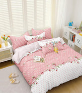 Printed King Size Double Bedsheet With 2 Large Pillow Cover - Size 72 X 78 X 10 Inches, White & Pink | Cotton Elastic Fitted All Around Bedsheet - Breathable & Wrinkle Free
