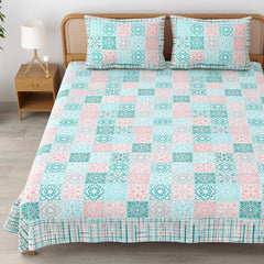 Sanskriti Bedsheet For Double Bed King Size With 2 Pillow Cover - 90 X 108 Inches, Green & Pink | Soft, Durable & Stylish | Breathable & Skin-Friendly