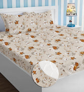Elastic Fitted Bedsheets With 2 Pillow Covers - Size-72x78+8 Inches, Off White & Brown | King Size Bed With All Around Elastic 220 TC Super Soft
