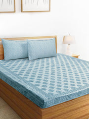 Handloom Printed Double Bedsheet For Queen Size With 2 Matching Pillow Cover | Size 90 X 100 Inches, Blue - Cotton Bedsheets For Double Bed | Soft & Smooth