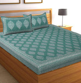 Printed Bedsheet For Double Bed With 2 Pillow Covers - 83 X 94 Inches, Green & White | Ideal For Hotel, Guest House, Home | Traditional Jaipuri Bedsheets