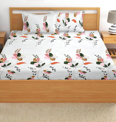 Printed King Size Bedsheet With 2 Matching Pillow Covers - 90 X 90 Inches, White | Durable & Long-Lasting | Naturally Soft, Breathable, & Skin-Friendly