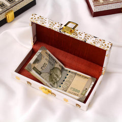 Peshkari Wooden Printed Cash Box Versatile For Shagun, Gifting, Gaddi, & Jewellery, Ideal For Shagun Envelopes, Wedding Gifts, & Special Occasions, Colour - Gold & White