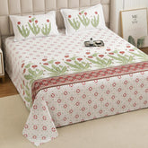 1 Piece Cotton Bedsheet For King Size With 1 Pillow Cover - 108 X 108 Inches, White & Green | Soft & Durable For Everyday Use & Bedroom - All Season Comfort