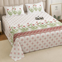 1 Piece Cotton Bedsheet For King Size With 1 Pillow Cover - 108 X 108 Inches, White & Green | Soft & Durable For Everyday Use & Bedroom - All Season Comfort