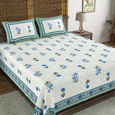 Hand Block Printed Cotton King Size Bedsheet With 2 Pillow Covers, 90 X 108 Inches, White | Good For Villas, Resorts, Guest Houses, & Daily Home Use