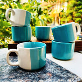 Hand Painted Trihni Ceramic Tea Cups Set Of 6 - 150ml Each, White & Turquoise | Ceramic Cups For Tea, Coffee, Milk - 6 Pieces, Microwave Safe & Scratch Resistant
