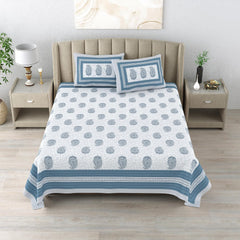 Cotton King Size Bedsheet With 2 Matching Pillow Covers - 90 X 108 Inches, Blue & Grey | Designer Printed Bedsheet Set - Naturally Soft, Breathable, & Skin-Friendly