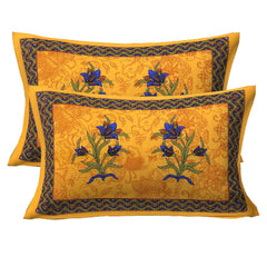 Printed Double Bedsheets For King Size With 2 Pillow Covers - 90 X 100 Inches, Yellow & Blue | Comfort Jaipuri Collection Bedsheet