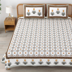 Sanskriti Bedsheet For Double Bed King Size With 2 Pillow Cover - 90 X 108 Inches, White & Brown | Soft, Durable & Stylish | Breathable & Skin-Friendly