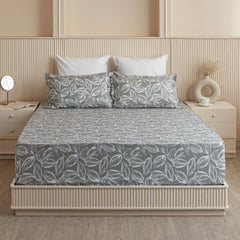 Premium Cotton Fitted Bedsheet King Size - 78 X 72 Inches With 2 Pillow Covers, Grey & White | Super Soft, Breathable & Wrinkle Free