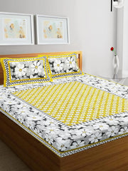 Pure 100% Cotton Double Bed Sheet With 2 Pillow Covers - 90 X 100 Inches, Yellow & White | Beautifully Handcrafted Traditional Bedsheets - Skin Friendly Fabric