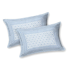 Pure Cotton King Size Bedsheet 2 Matching Pillow Covers | 100x108 Inches, White & Sky Blue | Traditional Jaipuri Printed Bedsheet | Ideal Wedding Gift, Housewarming, Special Occasion Surprise
